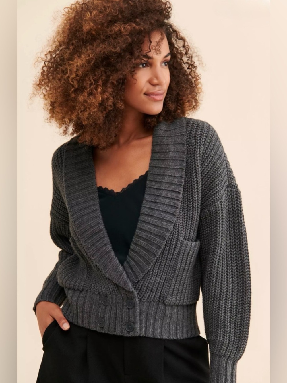 Anthropologie 50% Wool Blend Deep-V Gray Shawl Collar Chunky Knit Cardigan